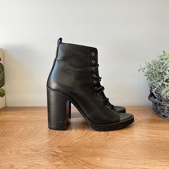 Women’s ZARA Black Leather Peep Toe Lace Up Boots Size 37 Trafaluc - Picture 1 of 9